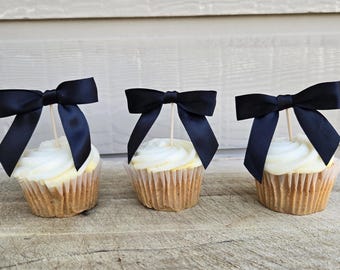 Black Bow Cupcake Toppers, Bridal Shower Party Decor, Wedding Cupcake Toppers, Bow Birthday Decor, Black Coquette, SET OF 12