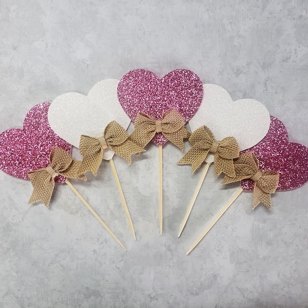 Heart Cupcake Toppers, Pink and White Glitter, Valentine Cupcake Toppers Valentine's Birthday Valentine Party Decorations, Burlap, SET OF 12