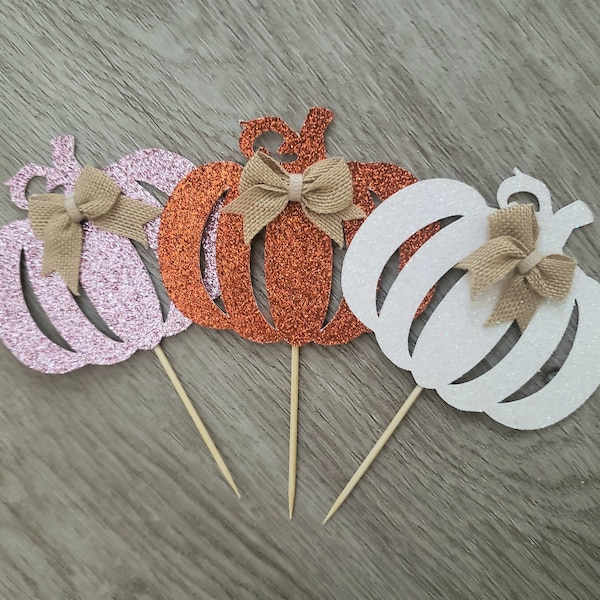 Pink Pumpkin Cupcake Toppers, Girl Fall Baby Shower, Fall Birthday Party, Fall Shower Decoration, Pink Orange White Pumpkin SET OF 12