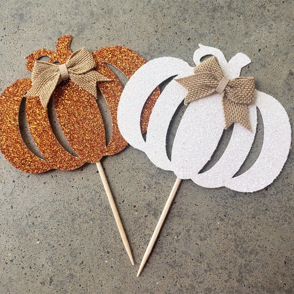 Citrouille Cupcake Toppers, Shower de bébé d'automne, fête d'anniversaire d'automne, décoration de douche d'automne, neutre, décorations de citrouilles blanches orange SET OF 12