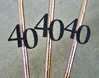 40th Birthday Straws, 50th Birthday Party Straws, Rose Gold Birthday Straws, Rose Gold and Black Glitter Decorations, 12 ct, SET OF 12