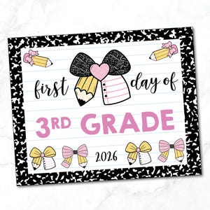 小学3年生初日のサイン：ピンクの鉛筆リボン付きノートデザイン　新学期サイン（デジタルダウンロード、8x10インチ）