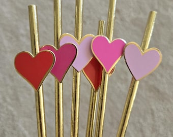 Valentine Straws, Galentine's Day Decorations, Valentine's Party Straws, Dark Pink Light Pink and Red Hearts with Metallic Gold, Set of 12