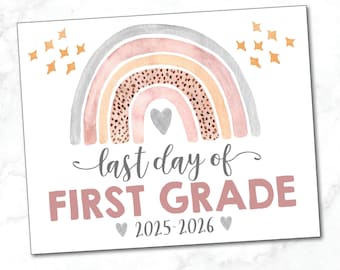 Placa "Último dia da 1ª série" / Último dia do 1º ano / Menina / Placa imprimível para a 1ª série / Arco-íris em aquarela / Download instantâneo para impressão