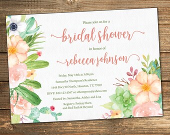 Southwestern Bridal Shower Invitation, Succulent, Cactus, Wedding Shower, Coral, Bridal Shower Invite, Sage Green (PRINTABLE INVITATION)