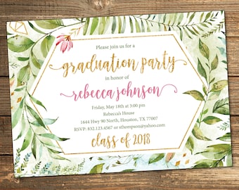 Graduation Party Invitation, Greenery, Floral, Green and Gold Graduation, Graduation Invitation, 2018 Graduation Invitation (PRINTABLE FILE)