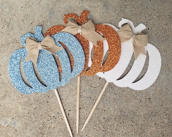 Pumpkin Cupcake Toppers, Boy Fall Baby Shower, Fall Birthday Party, Fall Shower Decoration, Blue Orange White Pumpkins Decorations SET OF 12