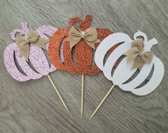 Pink Pumpkin Cupcake Toppers, Girl Fall Baby Shower, Fall Birthday Party, Fall Shower Decoration, Pink Orange White Pumpkin SET OF 12