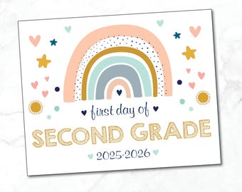 Cartello del primo giorno di seconda elementare / Cartello del primo giorno di scuola / Cartello della seconda elementare stampabile 2025 / Arcobaleno bohémien / Download immediato, file stampabile