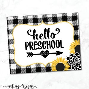 Hallo Vorschulschild / Schulanfangschild / Schild für den ersten Schultag / Farmhaus / Buffalo Plaid / Sonnenblumen / INSTANT DOWNLOAD