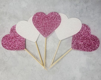 Heart Cupcake Toppers, Pink and White Glitter, Valentine Cupcake Toppers, Valentine's Birthday, Valentine Party Decorations, SET OF 12