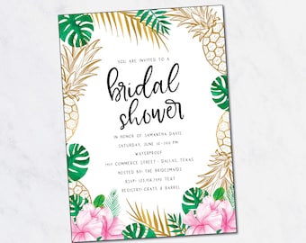 Tropical Bridal Shower Invitation, Summer Bridal Shower, Gold Pineapple, Beach Bridal Shower, Pink Gold Green, Pool Party PRINTABLE INVITE