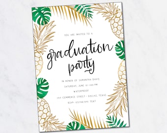 Graduation Party Invitation, Tropical Graduation, Green and Gold, Gold Pineapple, Pool Party Graduation, College, PRINTABLE INVITATION