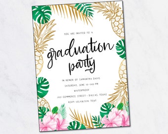 Tropical Graduation Party Invitation, Graduation Invitation, Pink Green and Gold, Gold Pineapple, Pool Party, College, Luau PRINTABLE INVITE