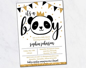 Panda Baby Shower Invitation, Boy Baby Shower Invitation, Baby Boy, Black and Gold Baby Shower, Panda Bear Shower,f PRINTABLE INVITATION