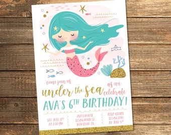 Mermaid Birthday Invitation, Mermaid Party, Girl, Under the Sea, Pool Party, Summer, Coral and Teal, Swimming Party, PRINTABLE INVITATION