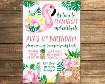 Flamingo Pool Party Invitation for Girl Birthday Invite Summer Party Tropical Pineapple Flamingle Digital Palms Luau Hawaiin theme PRINTABLE