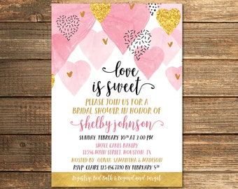 Valentine Bridal Shower Invitation, Pink and Gold, Love is Sweet, Heart, Pink, Black, Gold, Digital Invite, Template, PRINTABLE FILE