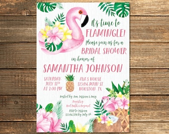 Convite de chá de panela tropical Flamingo Chá de casamento Convite de verão Flamingle Abacaxi Modelo de convite personalizado Arquivo havaiano para impressão