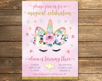 Pink and Gold Unicorn Birthday Party Invitation Girl Magical Watercolor Invite Gold Whimsical Party First Birthday Invite Template PRINTABLE