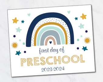 First Day of Preschool sign / Boy Preschool Sign / Back to School Sign / Blue Rainbow / Navy Gold / 2023 / Instant Download Printable file