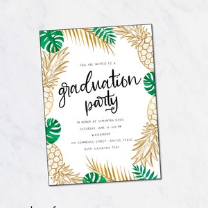 Convite para festa de formatura, formatura tropical, verde e dourado, abacaxi dourado, formatura para festa na piscina, faculdade, convite para impressão