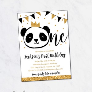 Panda Birthday Invitation, First Birthday Invitation, Panda Birthday Party, Boy, Black and Gold Birthday, One, Invite, PRINTABLE INVITATION