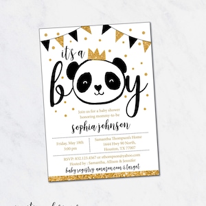 Panda del bambino doccia invito, invito dell'acquazzone di bambino ragazzo, neonato, bambino nero e oro doccia, doccia di Panda Bear, invito stampabile f