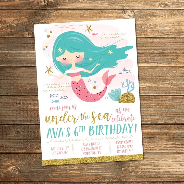 Mermaid Birthday Invitation, Mermaid Party, Girl, Under the Sea, Pool Party, Summer, Coral and Teal, Swimming Party, PRINTABLE INVITATION