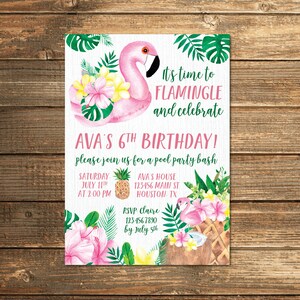 Flamingo Pool Party Invitation for Girl Birthday Invite Summer Party Tropical Pineapple Flamingle Digital Palms Luau Hawaiin theme PRINTABLE