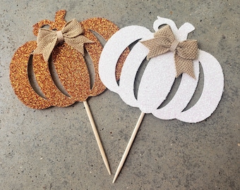 Pumpkin Cupcake Toppers, Fall Baby Shower, Fall Birthday Party, Fall Shower Decoration, Neutral, Orange White Pumpkins Decorations SET OF 12