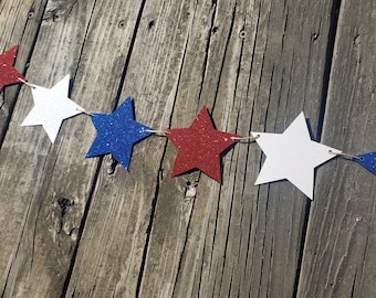 July 4th Garland, Fourth of July Banner, 4th of July Party, Patriotic Decorations,  Summer Decor, Mantle, Glitter Stars, Red White and Blue