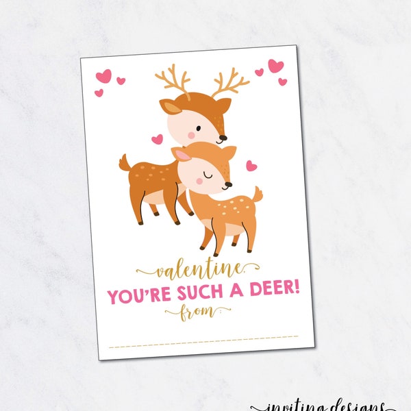 Deer Valentine Cards / Deer Valentine's Cards / Kids Valentines Card / Woodland Animals / Classroom Valentine / Printable INSTANT DOWNLOAD