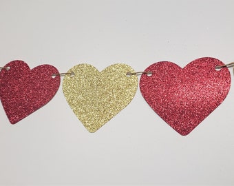 Valentines Banner, Red and Gold Heart Garland, Valentine's Party, Valentine's Decorations, Valentines Day Decor, Red Gold, Mantle Decor