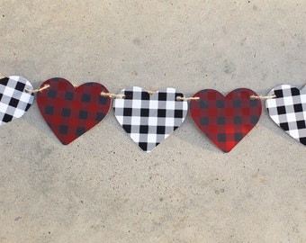 READY TO SHIP Valentines Banner, Buffalo Plaid Heart Garland, Valentine's Party, Valentine's Decorations, Valentines Day Decor, Mantle