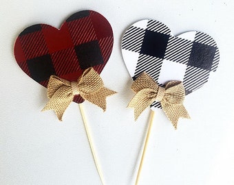 Heart Cupcake Toppers, Valentine Cupcake Toppers, Buffalo Plaid, Buffalo Check, Valentine's Birthday, Valentine Party Decorations SET OF 12