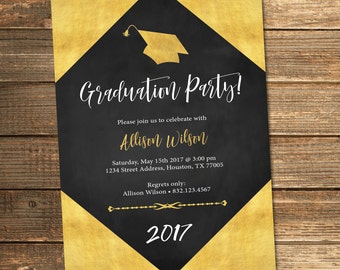 Graduation Party Invitation, Gold and Black, Black and Gold Foil (PRINTABLE FILE)