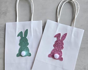 Classroom Easter Party Decorations Bunny Favor Bags Pink and Turquoise Blue Bunny Treat Bags, Goodie Bags, SET OF 12