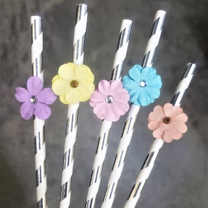 Pastel Flower Straws, Easter, Spring Baby Shower Decorations, Spring Party, Butterfly Party, Spring Bridal Shower, Silver Straws, SET OF 12