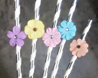 Pajitas de flores pastel, Pascua, Decoraciones de baby shower de primavera, Fiesta de primavera, Fiesta de mariposas, Despedida de soltera de primavera, Pajitas de plata, SET DE 12