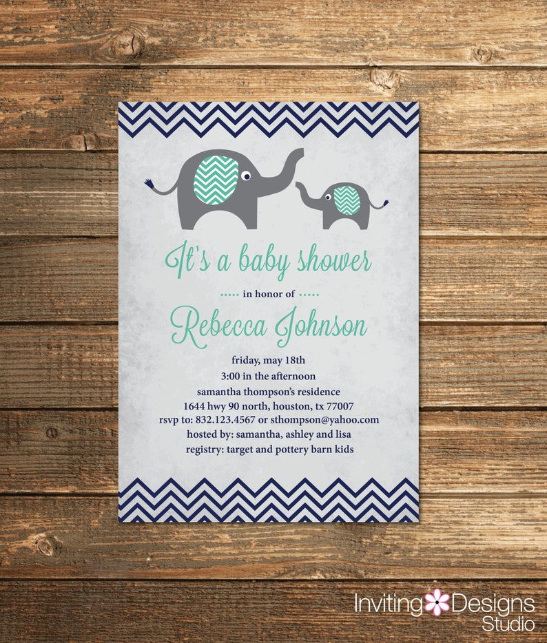 Elephant Baby Shower Invitation Navy Navy Blue Mint Green Etsy