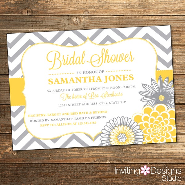 Chevron Bridal Shower Invitation / Wedding Shower / Yellow and Gray Flowers / Yellow Wedding / Printable Invitations