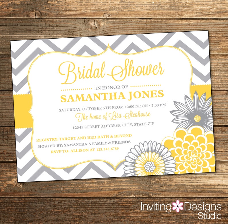 Chevron Bridal Shower Invitation / Wedding Shower / Yellow and Gray Flowers / Yellow Wedding / Printable Invitations 