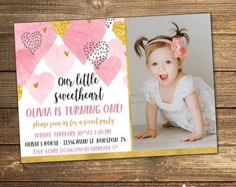 Valentine Birthday Party Invitation, First Birthday, Valentines Birthday Invitation, Pink and Gold, Girl, Photo, Invite, PRINTABLE