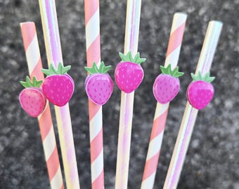 Pink Strawberry Straws, Strawberry Birthday Decorations, Sweet One, Berry First Birthday, Strawberry Party Straws, Girl, SET OF 12 Straws
