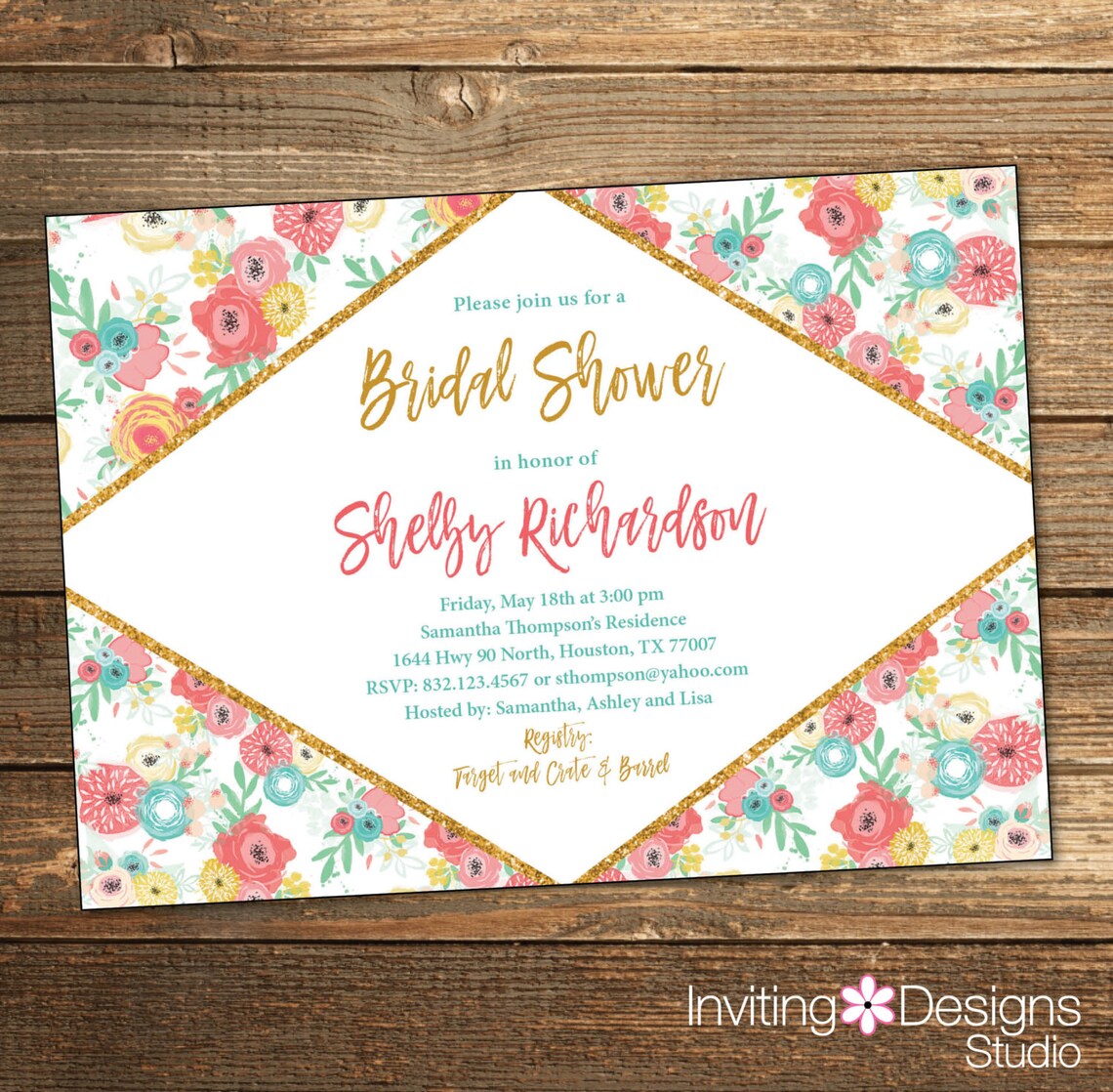 Bridal Shower Invitation Spring Bridal Shower Floral Gold - Etsy