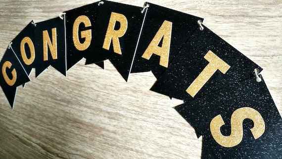 Graduation Party Banner, Black and Gold Banner, Congrats Banner, Engagement Party Banner, Bridal Shower Banner, printed and assembled