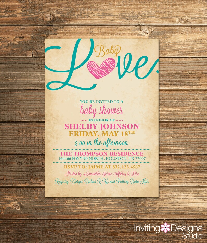 Girl Baby Shower Invitation Pink Aqua And Gold Vintage Baby Etsy