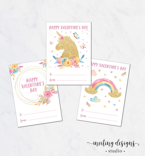 Printable Valentine Cards / Valentine's Cards / Kids Valentine Card / Gold  Glitter Unicorn / Classroom Valentine / SET of 3 INSTANT DOWNLOAD