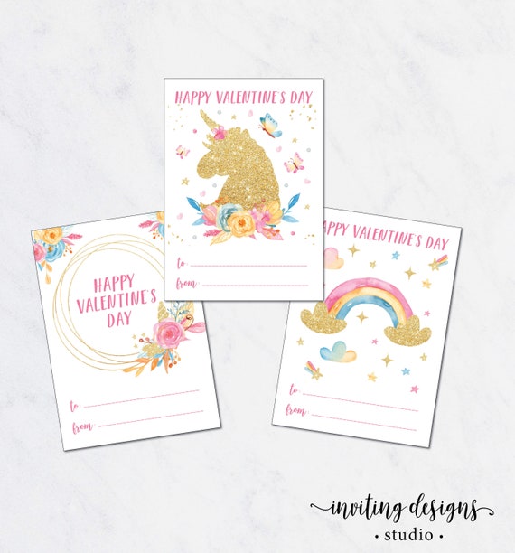 Printable Valentine Cards / Valentine's Cards / Kids Valentine Card / Gold  Glitter Unicorn / Classroom Valentine / SET of 3 INSTANT DOWNLOAD